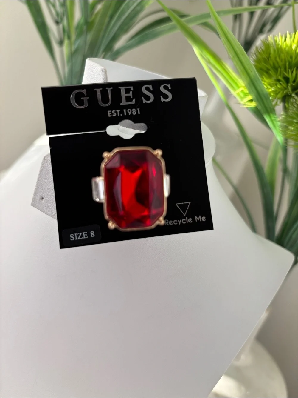 Guess Large Beveled rectangle red gemstone,clear baguette stones sides Goldtone